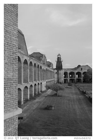 Fort Jefferson, harbor light, interior courtyard at sunset. Dry Tortugas National Park (black and white)