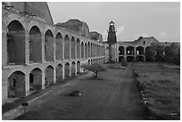 Walls and ruined barracks inside Fort Jefferson. Dry Tortugas National Park, Florida, USA. (black and white)