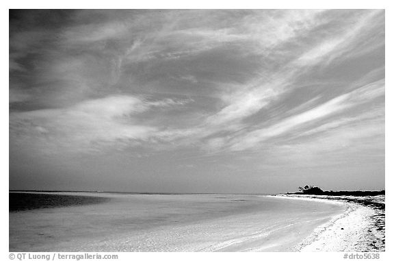 Sky, turquoise waters and beach on Bush Key. Dry Tortugas National Park (black and white)