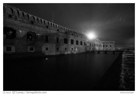 Fort Jefferson at night with Harbor Light. Dry Tortugas National Park (black and white)