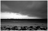Approaching storm over Yachts at Tortugas anchorage. Dry Tortugas National Park, Florida, USA. (black and white)
