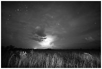Sawgrass prairie with cloud lit by lightening. Everglades National Park ( black and white)