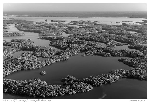 Aerial view of Ten Thousand Islands and Chokoloskee Bay. Everglades National Park (black and white)