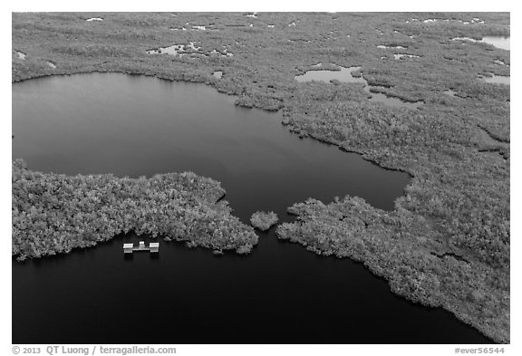 Aerial view of lake with elevated camping platforms (chickees). Everglades National Park, Florida, USA.