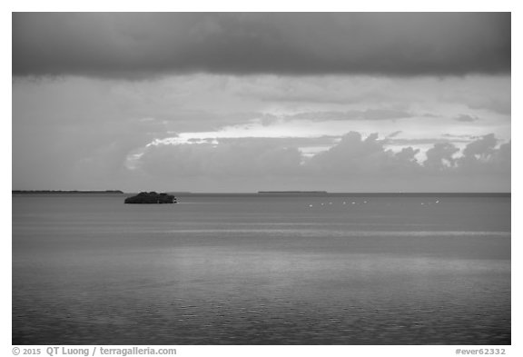 Flock of birds and islets, Florida Bay. Everglades National Park (black and white)