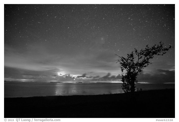 Thunderstorms at night over Florida Bay seen from Flamingo. Everglades National Park (black and white)