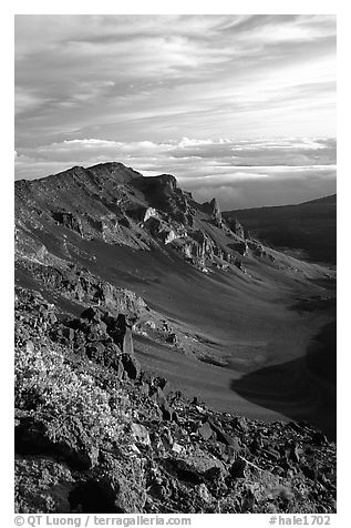 Crater rim and clouds  at sunrise. Haleakala National Park (black and white)