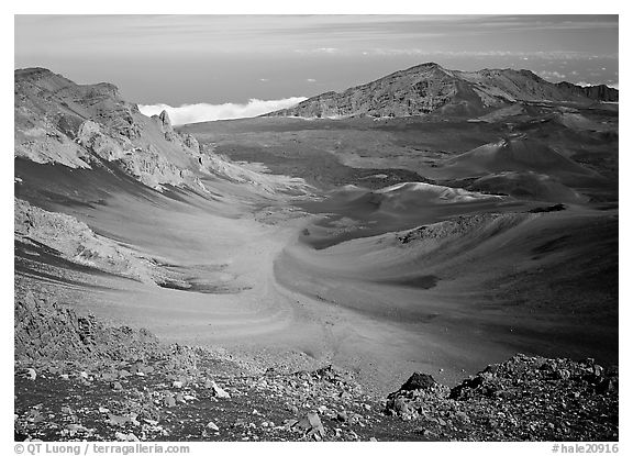 View of Haleakala crater from White Hill with multi-colored cinder. Haleakala National Park (black and white)