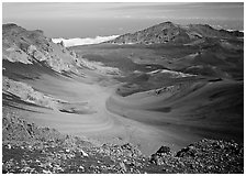 View of Haleakala crater from White Hill with multi-colored cinder. Haleakala National Park ( black and white)