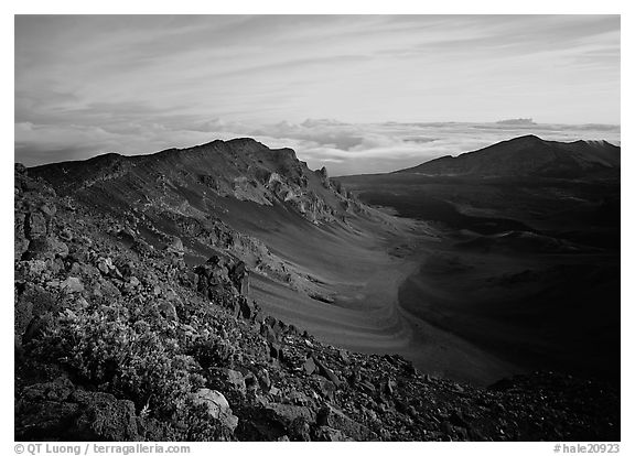 Haleakala crater and clouds at sunrise. Haleakala National Park (black and white)