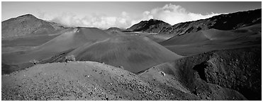 Volcanic scenery with colorful ash inside Haleakala crater. Haleakala National Park (Panoramic black and white)