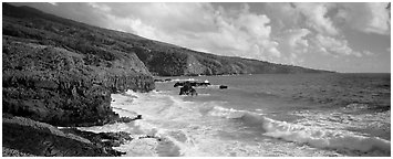 Coastline with volcanic cliffs and strong surf. Haleakala National Park (Panoramic black and white)
