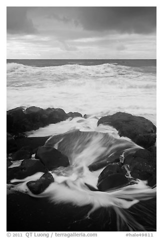 Surf, rocks, ocean and clouds. Haleakala National Park (black and white)
