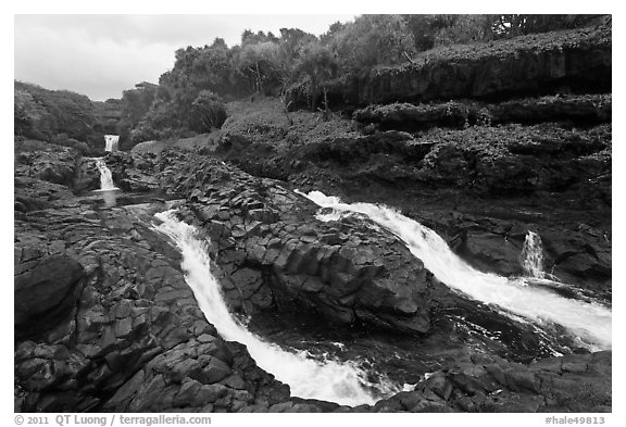 Cascades and waterfalls at the Seven Sacred Pools. Haleakala National Park (black and white)