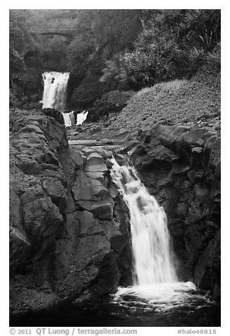 Waterfalls and bridge,  Seven Sacred Pools, Kipaluhu. Haleakala National Park (black and white)
