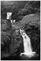 Waterfalls and bridge,  Seven Sacred Pools, Kipaluhu. Haleakala National Park, Hawaii, USA. (black and white)