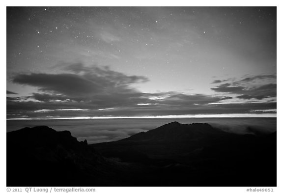 Haleakala crater and stars at night. Haleakala National Park (black and white)