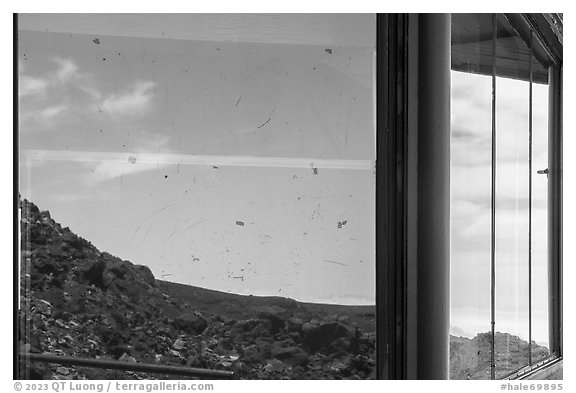 Haleakala Crater, Haleakala Visitor Center, window reflexion. Haleakala National Park (black and white)