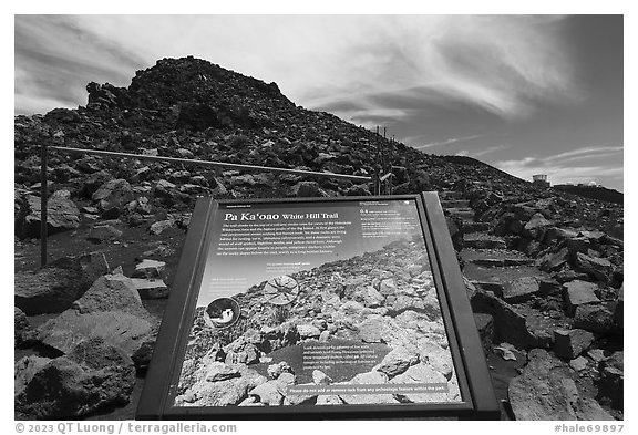 White Hill Trail interpretive sign. Haleakala National Park (black and white)