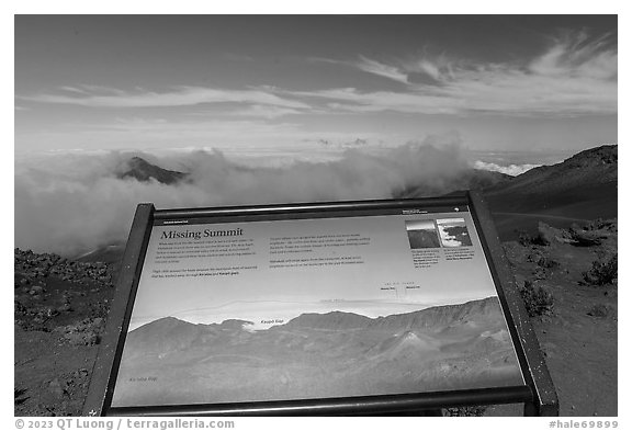 Missing Summit interpretive sign. Haleakala National Park (black and white)