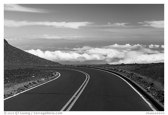 Road above clouds near Puuulaula Summit. Haleakala National Park (black and white)