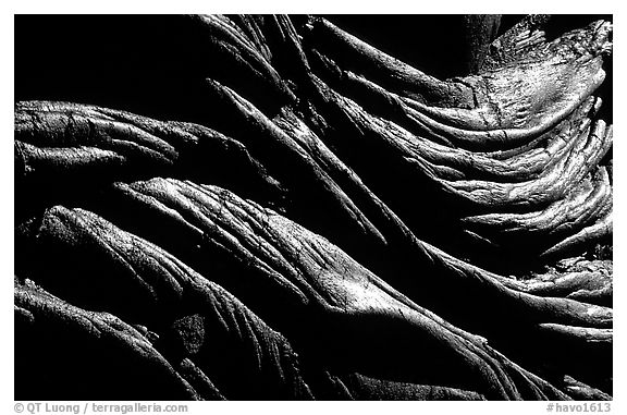 Close-up view of ripples of hardened pahoehoe lava. Hawaii Volcanoes National Park (black and white)