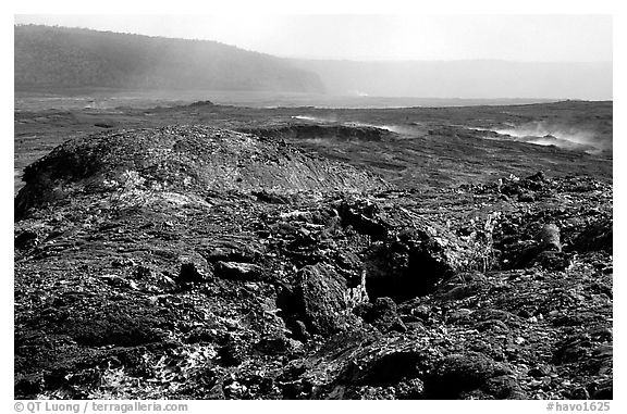 Volcanic landscape of lava field near Mauna Ulu crater. Hawaii Volcanoes National Park (black and white)