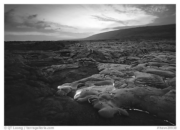 Molten lava flow at sunset near the end of Chain of Craters road. Hawaii Volcanoes National Park (black and white)