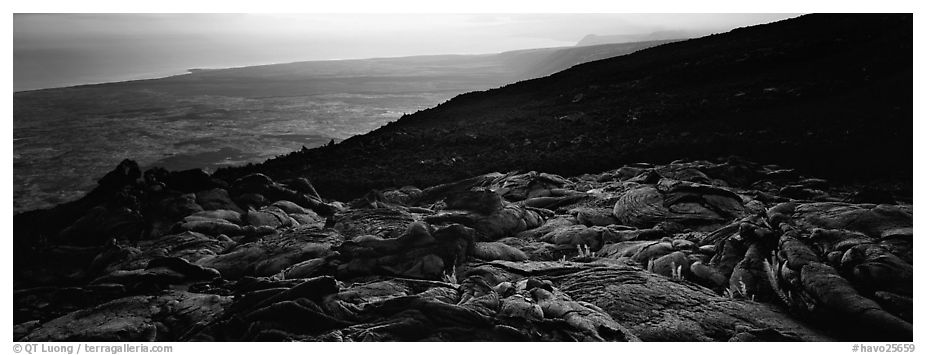 Hardened lava flow overlooking coastal plain, late afternoon. Hawaii Volcanoes National Park (black and white)