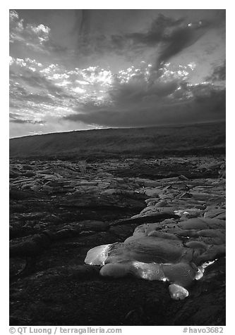 Kilauea lava flow at sunset. Hawaii Volcanoes National Park (black and white)