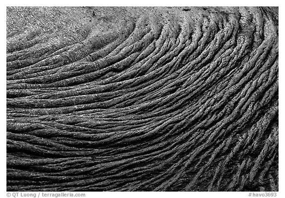 Swirling pattern of flowing pahoehoe lava. Hawaii Volcanoes National Park (black and white)