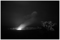 Halemaumau crater vent and Ohia tree by night. Hawaii Volcanoes National Park ( black and white)