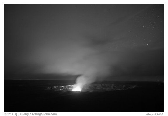 Vog plume and stars at dusk, Kilauea summit. Hawaii Volcanoes National Park (black and white)