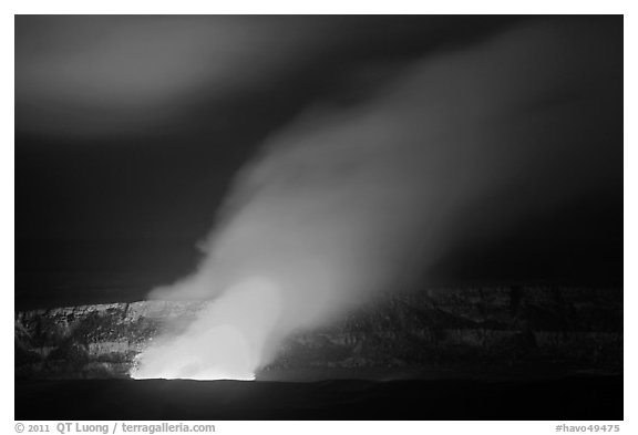 Incandescent glow illuminates venting gas plume by night, Kilauea summit. Hawaii Volcanoes National Park (black and white)
