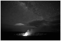 Glowing crater, plume, and Milky Way, Kilauea summit. Hawaii Volcanoes National Park ( black and white)