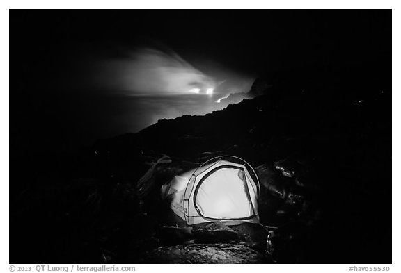 Tent and lava ocean entry. Hawaii Volcanoes National Park (black and white)