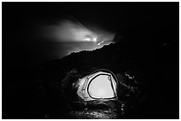 Tent and lava ocean entry. Hawaii Volcanoes National Park ( black and white)