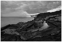 Surface lava flow on the coast. Hawaii Volcanoes National Park, Hawaii, USA. (black and white)
