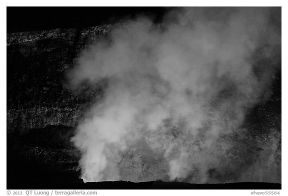 Halemaumau plume and crater walls lit by lava lake. Hawaii Volcanoes National Park (black and white)