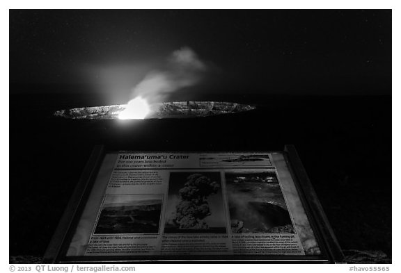 Interpretive sign, Halemaumau crater. Hawaii Volcanoes National Park (black and white)