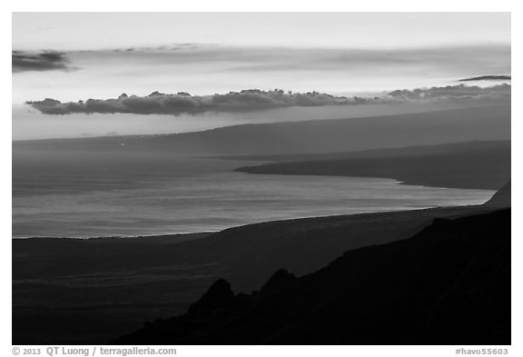 Coastal plain, bay, and Mauna Loa flank at sunset. Hawaii Volcanoes National Park (black and white)