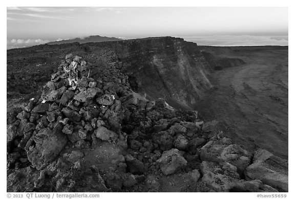 Summit cairn and crater at dusk. Hawaii Volcanoes National Park (black and white)