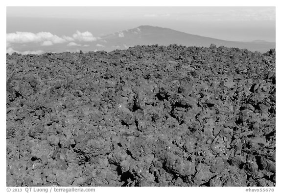 Aa lava field on Mauna Loa and Puu Waawaa summit. Hawaii Volcanoes National Park (black and white)