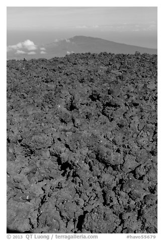 Field of rough aa lava on Mauna Loa summit and Puu Waawaa. Hawaii Volcanoes National Park (black and white)