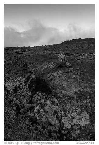 Red and orange lava, rainbow in clouds, Mauna Loa. Hawaii Volcanoes National Park (black and white)