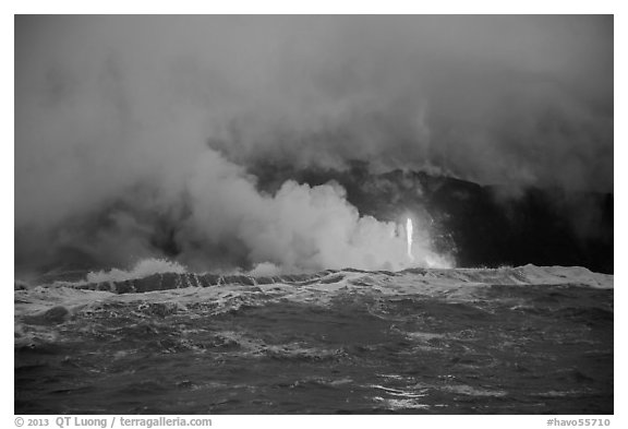 Lava flows creating huge clouds of hydrochloric steam upon meeting with ocean. Hawaii Volcanoes National Park (black and white)