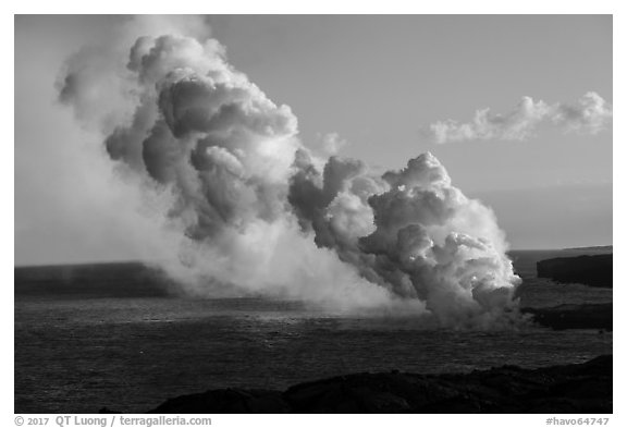 Multiple plumes from lava ocean entry. Hawaii Volcanoes National Park (black and white)