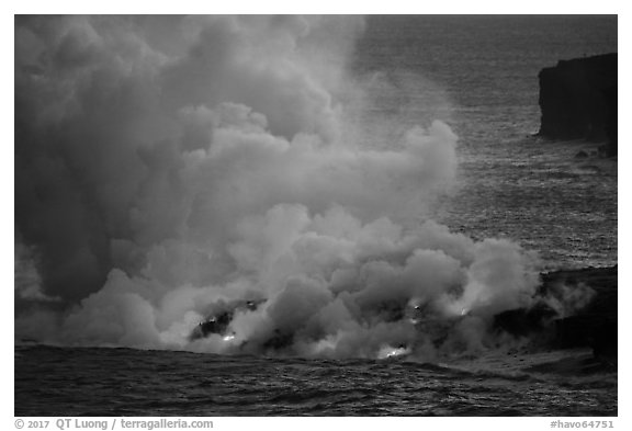 Lava ocean entry from low bench, dusk. Hawaii Volcanoes National Park (black and white)