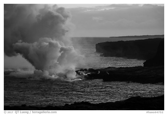 Coastline with ocean entry from delta. Hawaii Volcanoes National Park (black and white)