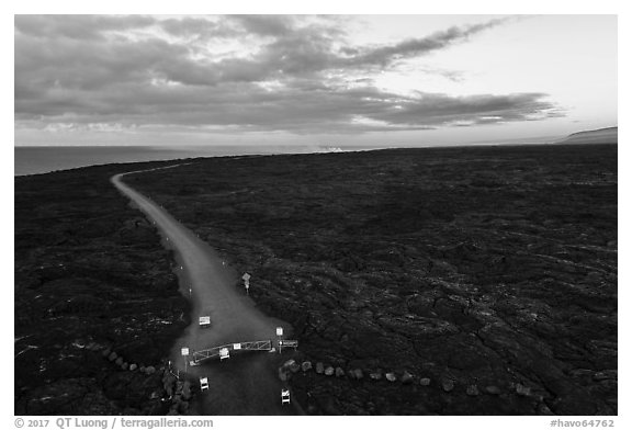 Aerial view of park boundary and emergency road. Hawaii Volcanoes National Park (black and white)